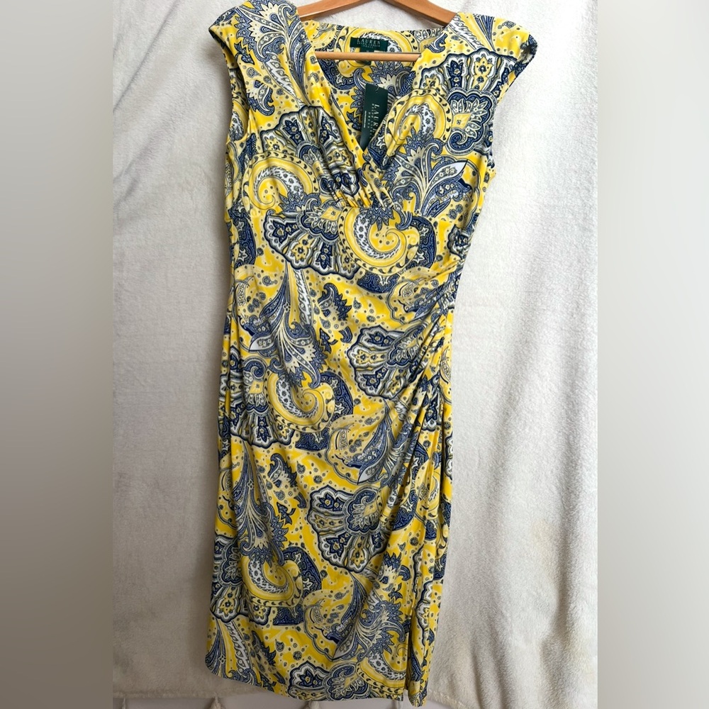 Vintage Lauren Ralph Lauren Yellow Paisley Print V-neck Ruched Jersey Dress 10